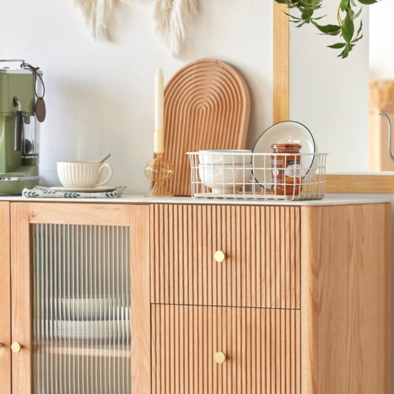 Oak Finished Sideboard Modern Style Glass Door with 3 Drawer