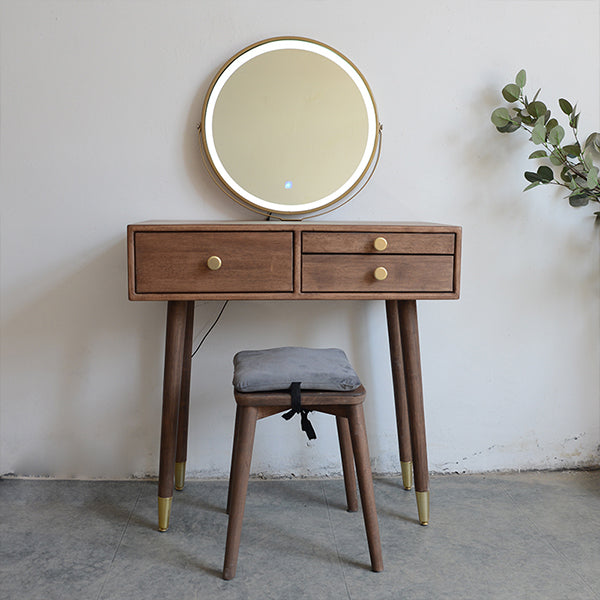Solid Wood Brown Bedroom Lighted Mirror Vanity Dressing Table