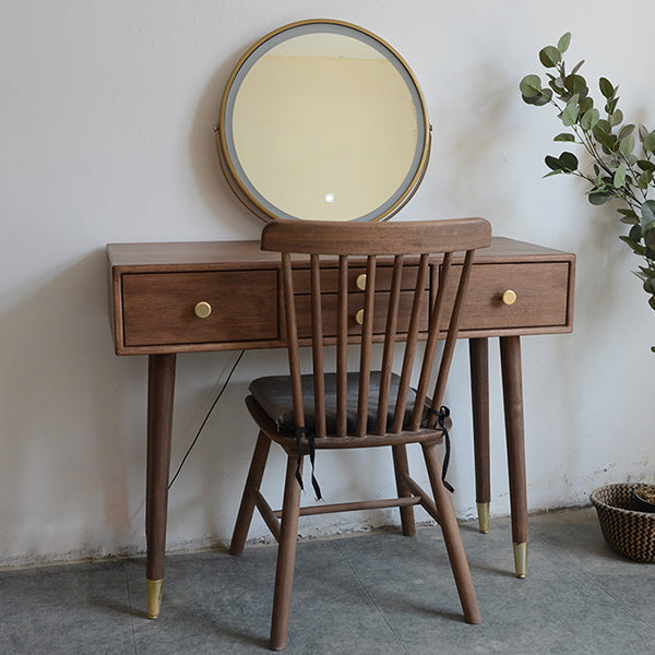 Solid Wood Brown Bedroom Lighted Mirror Vanity Dressing Table