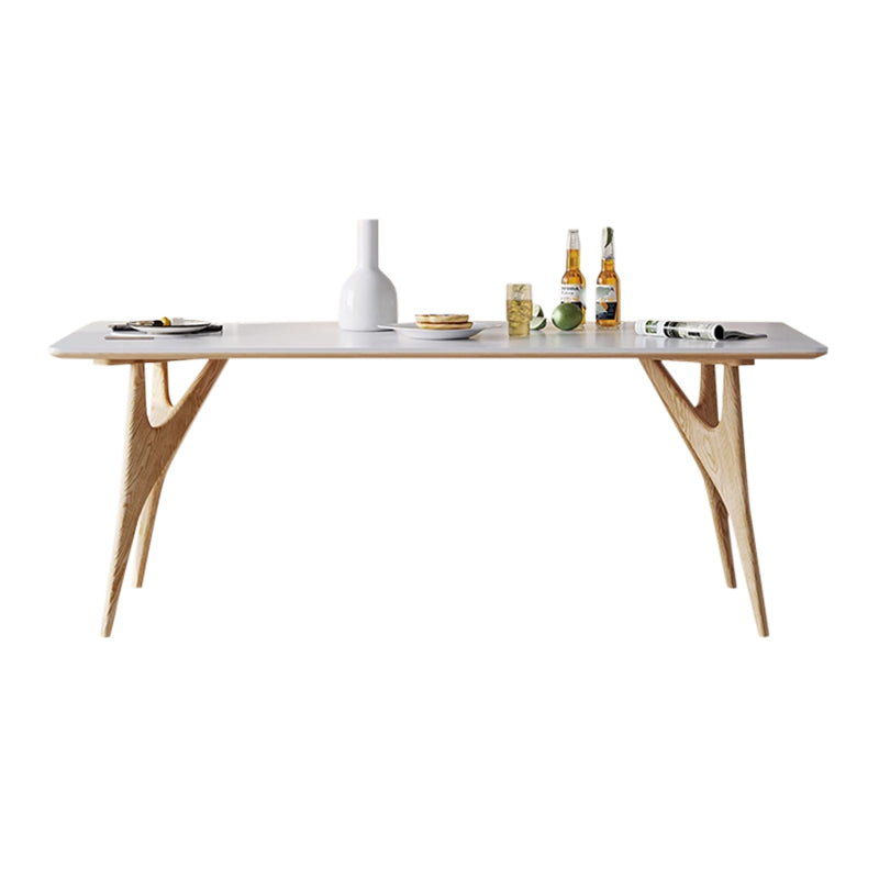 Modern Rectangular Stone Top White Dining Table with 4 Solid Wood Legs