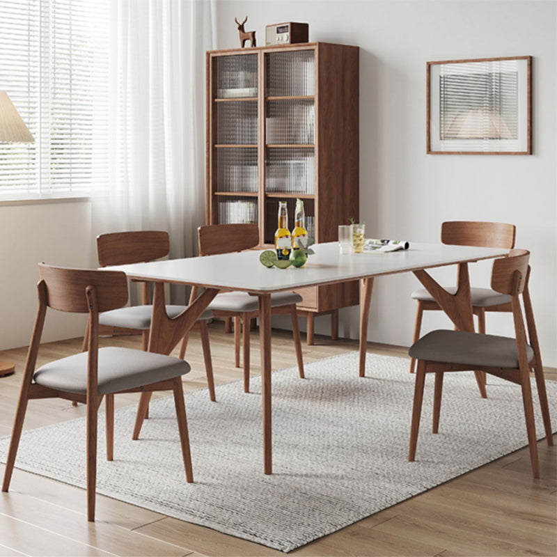 Modern Rectangular Stone Top White Dining Table with 4 Solid Wood Legs