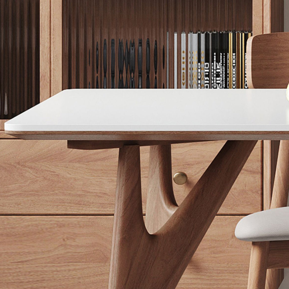 Modern Rectangular Stone Top White Dining Table with 4 Solid Wood Legs
