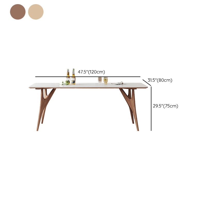 Modern Rectangular Stone Top White Dining Table with 4 Solid Wood Legs