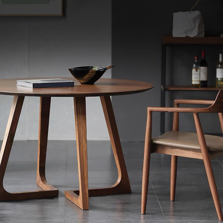 Modern Round Brown Rubberwood Dining Table with Double Pedestal