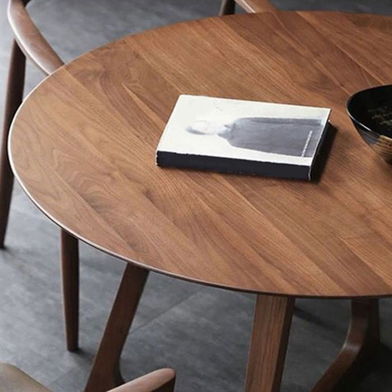 Modern Round Brown Rubberwood Dining Table with Double Pedestal