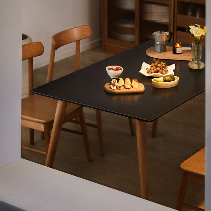 Modern Rectangular Black Stone Top Dining Table with 4 Solid Wood Legs