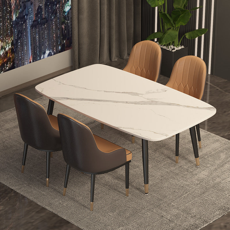 Contemporary Rectangular White Stone Dining Table with Steel Legs