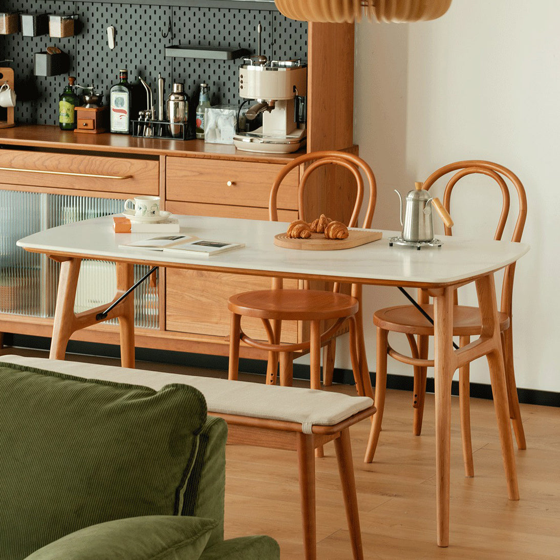 Modern Rectangular White Stone Top Dining Table with 4 Solid Wood Legs
