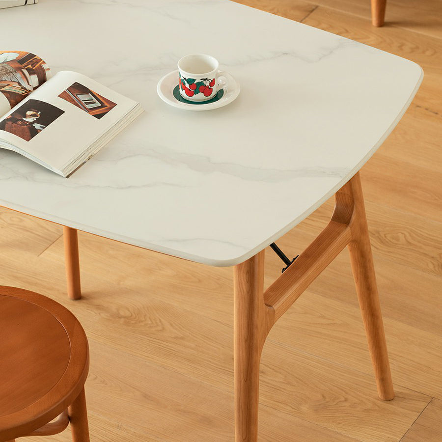 Modern Rectangular White Stone Top Dining Table with 4 Solid Wood Legs