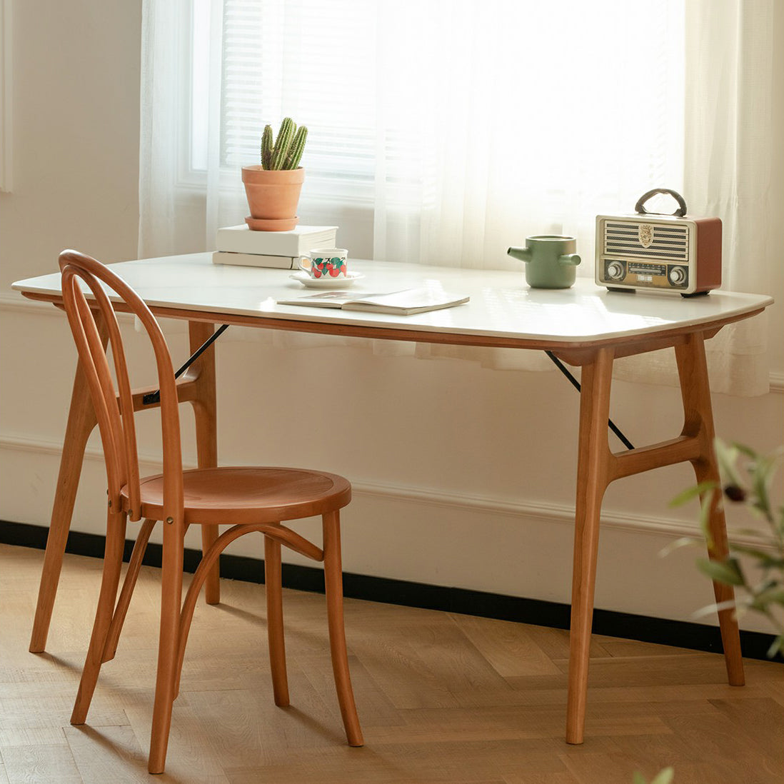 Modern Rectangular White Stone Top Dining Table with 4 Solid Wood Legs