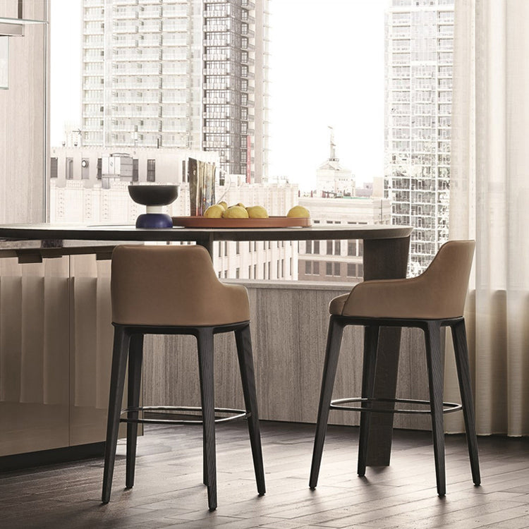 Faux Leather Upholstered Arm Bar Stool with Solid Wood Base for Home