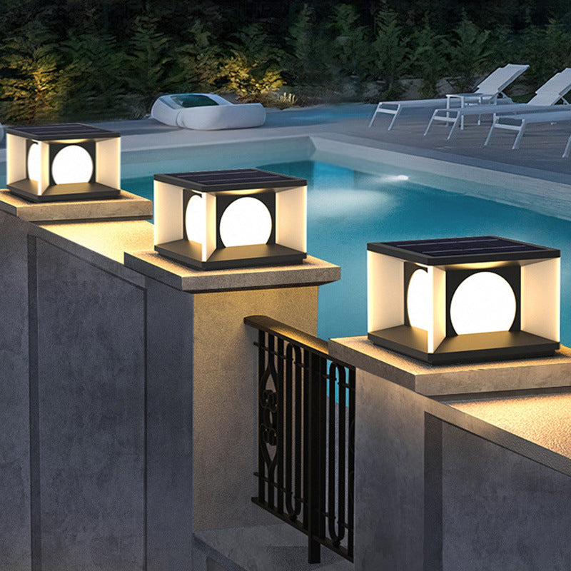 Modern Stainless Steel Solar Energy Pillar Lamp Square Shape for Outdoor