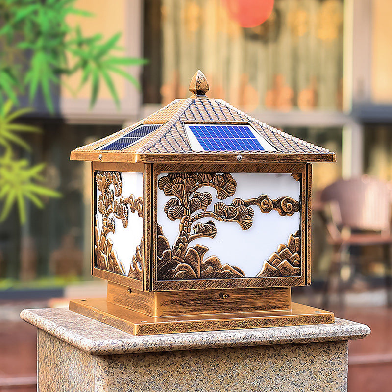 Rectangle Shape Metal Solar Pillar Lamp Modern Style 1 Light Waterproof Outdoor Light