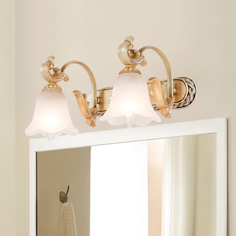 1/2/3-Head Flower Vanity Light Fixture Colonial Style Gold Opal Glass Wall Mounted Lamp for Bathroom