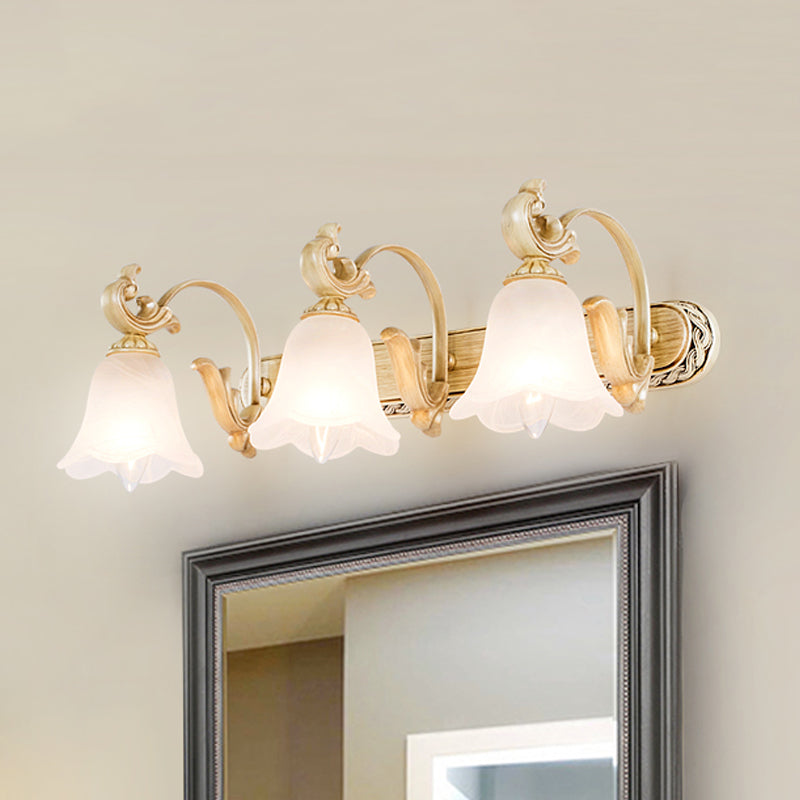 1/2/3-Head Flower Vanity Light Fixture Colonial Style Gold Opal Glass Wall Mounted Lamp for Bathroom