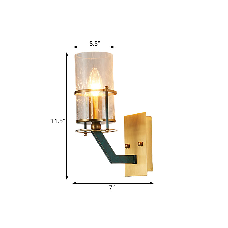 1 Bulb Wall Sconce Lighting Vintage Indoor Wall Mount Lamp Fixture with Cylinder Seeded Glass Shade in Brass