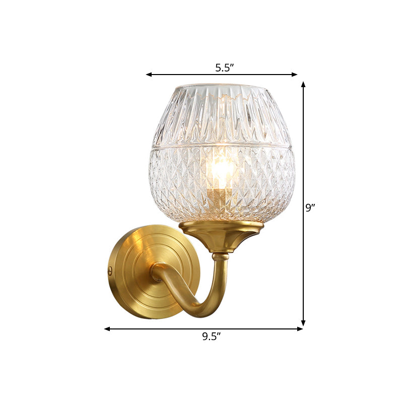 1 Light Wall Lighting Traditional Indoor Wall Sconce Lamp with Cup Shape Clear Latticed Glass Shade in Brass