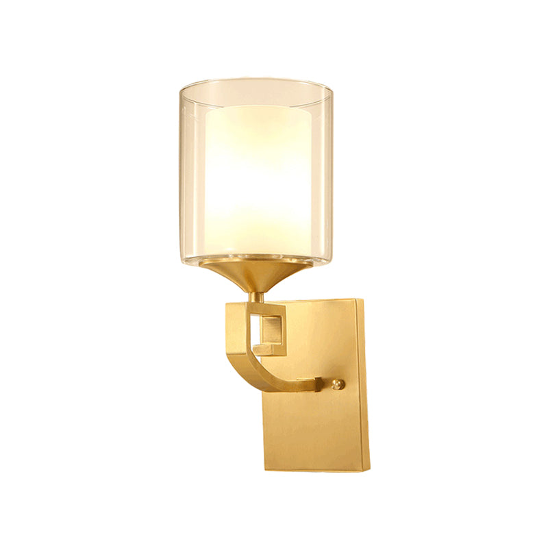 1 Bulb Wall Lamp Fixture Colonial Style 2-Tier Cylindrical Clear and Opal Glass Sconce Lighting in Brass