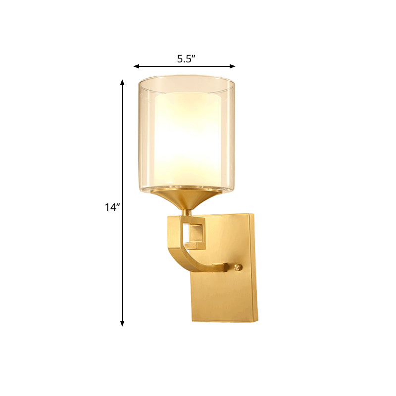 1 Bulb Wall Lamp Fixture Colonial Style 2-Tier Cylindrical Clear and Opal Glass Sconce Lighting in Brass