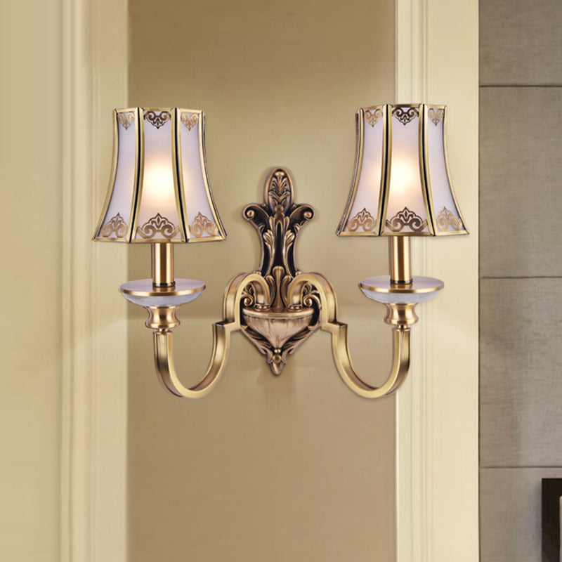 1/2 Heads Wall Lighting Fixture Colonial Style Flared Translucent Glass Wall Mounted Lamp in Brass