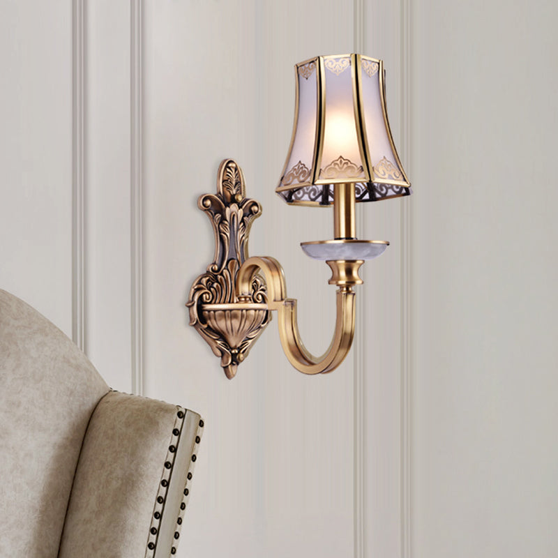 1/2 Heads Wall Lighting Fixture Colonial Style Flared Translucent Glass Wall Mounted Lamp in Brass