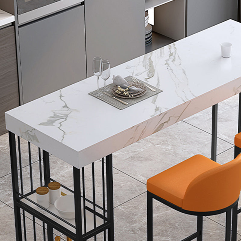 Stone Top Rectangle Bar Table with Metal Storage Base for Home