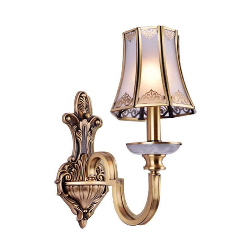 1/2 Heads Wall Lighting Fixture Colonial Style Flared Translucent Glass Wall Mounted Lamp in Brass