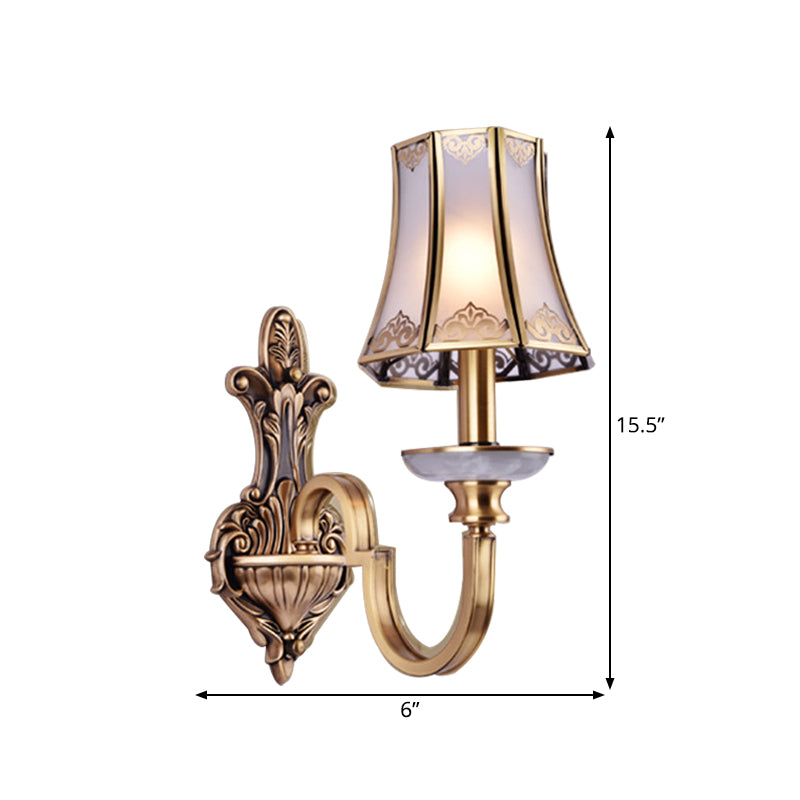 1/2 Heads Wall Lighting Fixture Colonial Style Flared Translucent Glass Wall Mounted Lamp in Brass