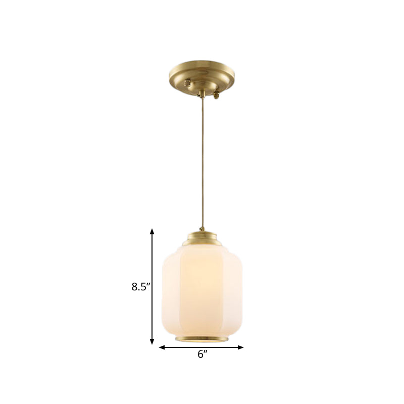 Opal Glass Lantern Suspension Light Traditional 1 Bulb Hallway Hanging Ceiling Lamp in Brass