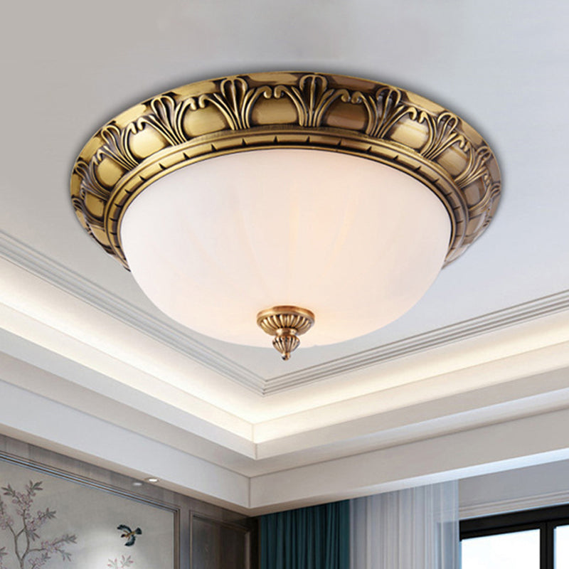 2/3/4 Hoofden Domed Plafond Flush Colonial Style Messing Finish Wit Frosted Glas Flush Mount Licht, 12"/16"/19.5" Breed