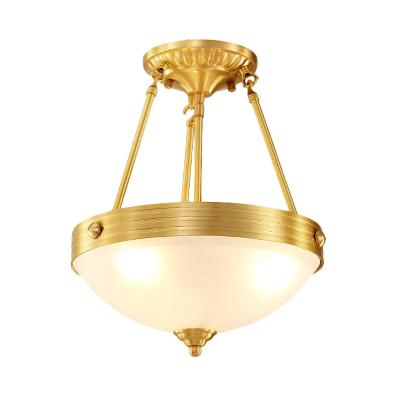 Frosted Glass Dome Semi Flush Mount Traditional 3 Lights Bedroom Close to Ceiling Light in Brass