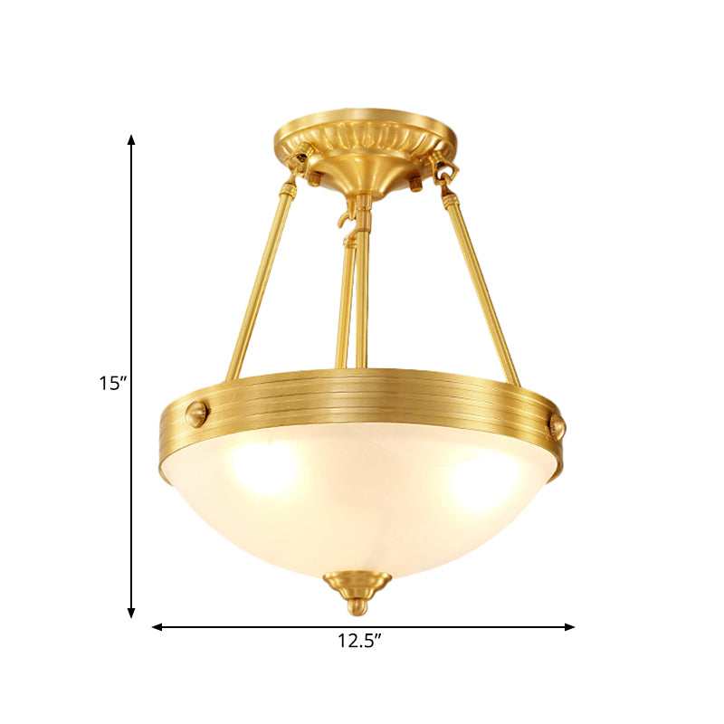 Frosted Glass Dome Semi Flush Mount Traditional 3 Lights Bedroom Close to Ceiling Light in Brass
