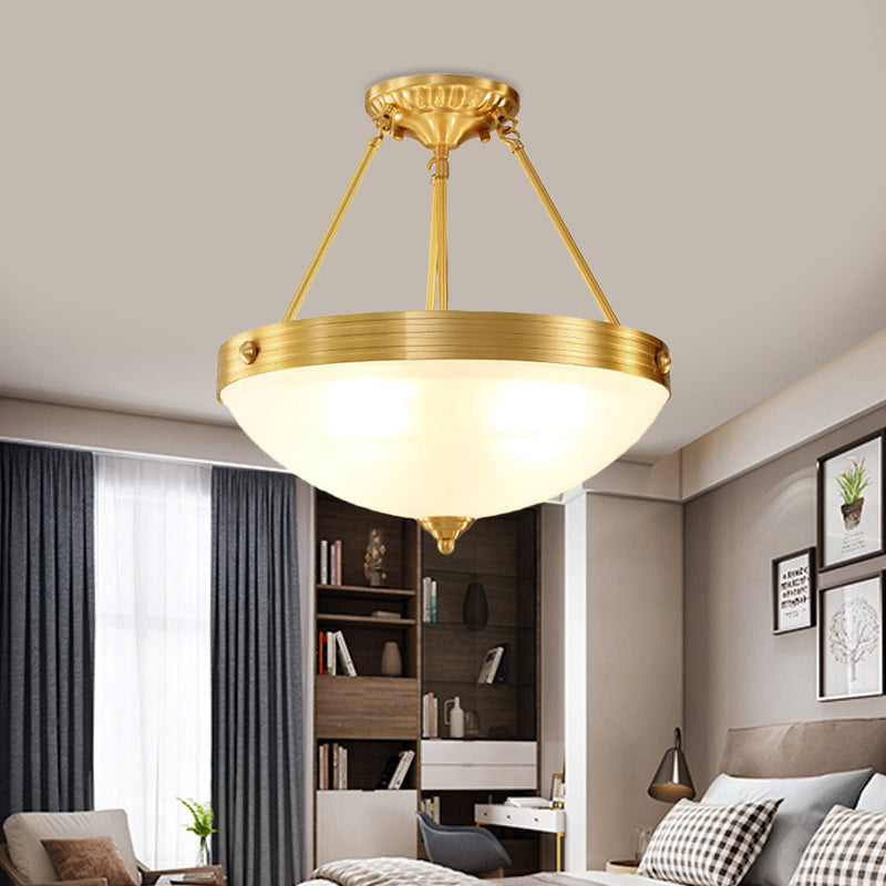 4 Heads Semi Flush Light Fixture Vintage Bedroom Flushmount Lamp with Dome Frosted Glass Shade in Brass