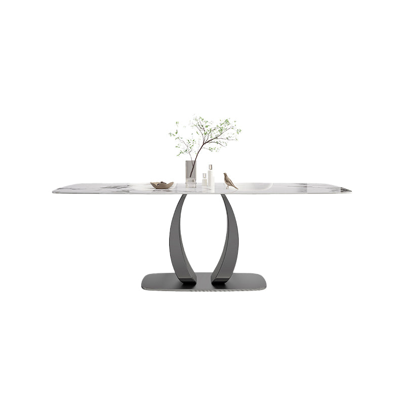 Rectangular Stone Top Dining Table Double Pedestal Metal Base for Living Room