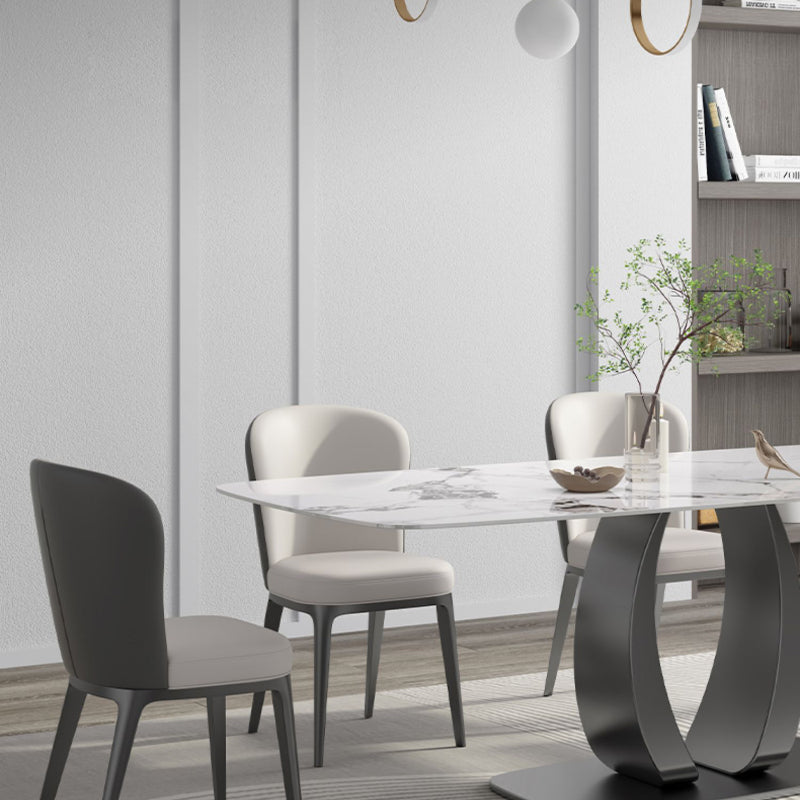 Rectangular Stone Top Dining Table Double Pedestal Metal Base for Living Room