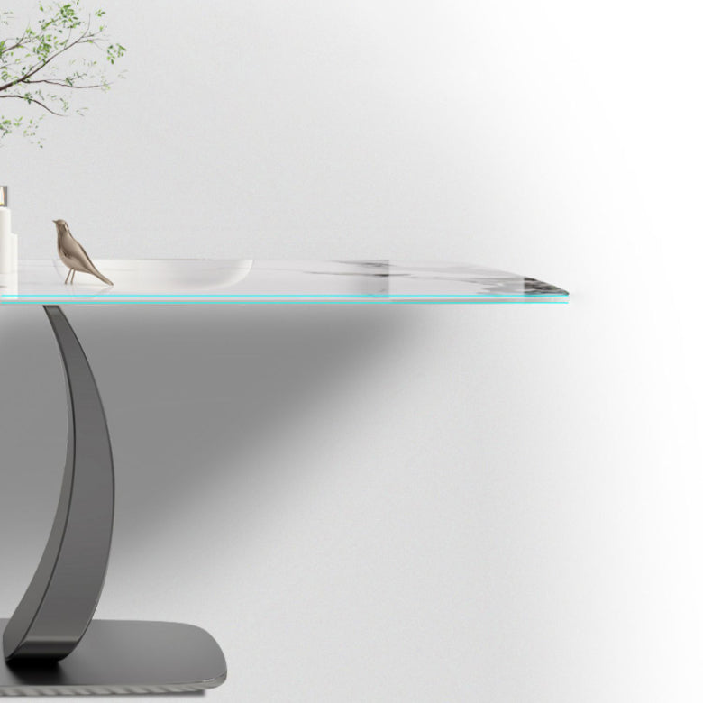 Rectangular Stone Top Dining Table Double Pedestal Metal Base for Living Room