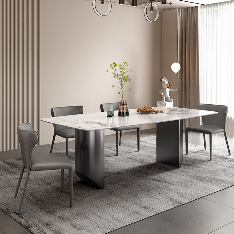 Modern Rectangular Stone Top Dining Table Double Pedestal Metal Base