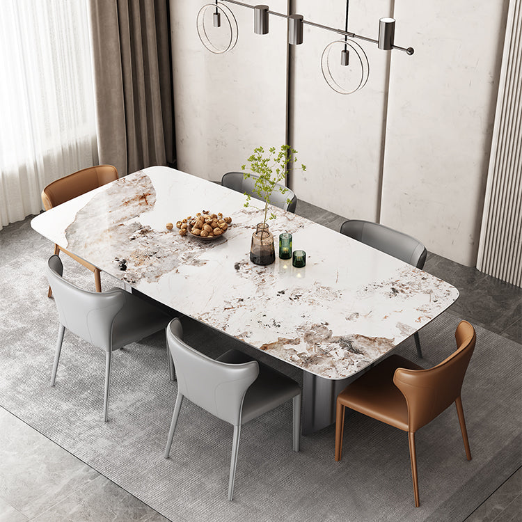 Modern Rectangular Stone Top Dining Table Double Pedestal Metal Base