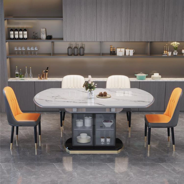 Modern Round Stone Top Dining Table Double Pedestal Metal Base in Grey