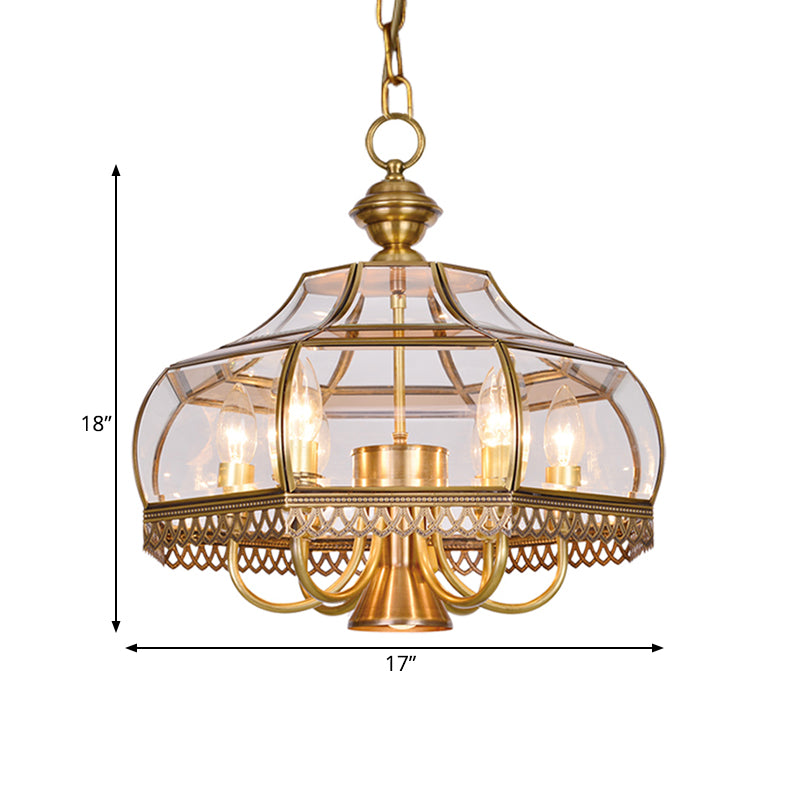 Clear Glass Gourd Chandelier Light Fixture Traditional 7 Bulbs Dining Room Ceiling Pendant Lamp in Brass