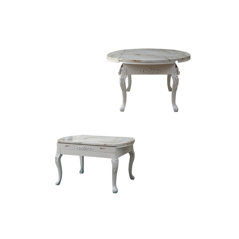 Round Faux Marble 4 Legs Dining Site Table in White with Drop-Leaf