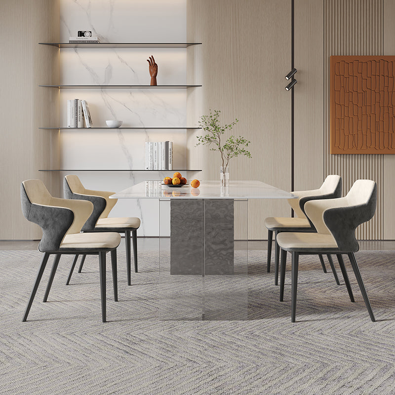 Rectangular Dining Table Grey Stone Table Top Double Pedestal Metal Base