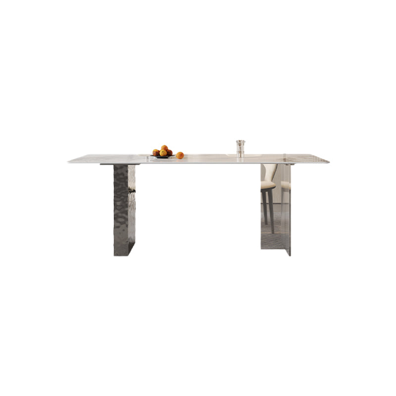 Rectangular Dining Table Grey Stone Table Top Double Pedestal Metal Base