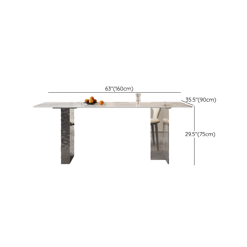 Rectangular Dining Table Grey Stone Table Top Double Pedestal Metal Base