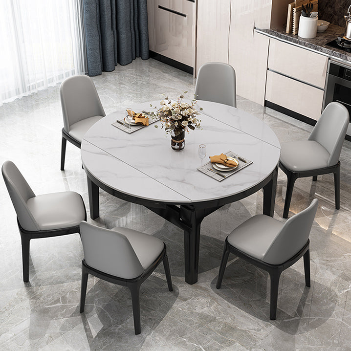Round Modern Stone Dining Table Extendable for Small Spaces in Grey