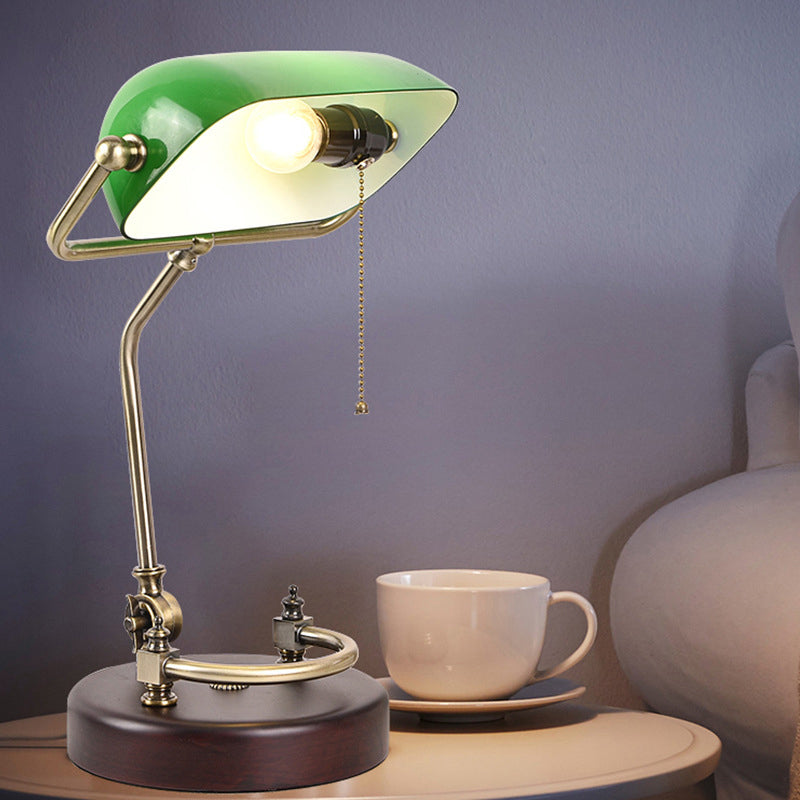 1 Bulb Pull Chain Night Lamp Vintage Green/White Glass Table Light with Swivel Shade for Living Room