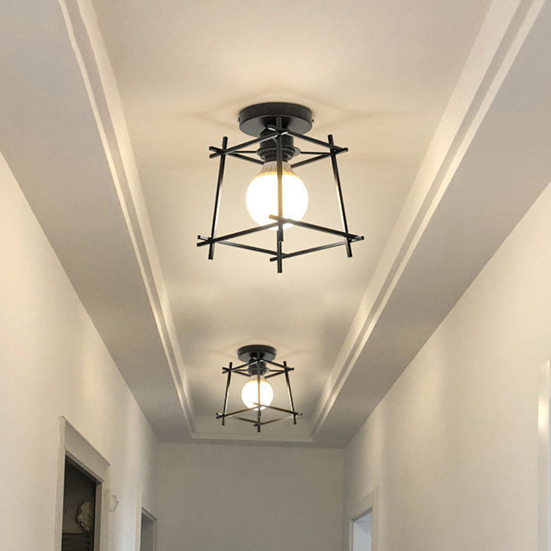 Black Finish Frame Flush Lighting Modern 1 Bulb Iron Flush Mount Ceiling Lamp with Circle Metal/Wood Canopy