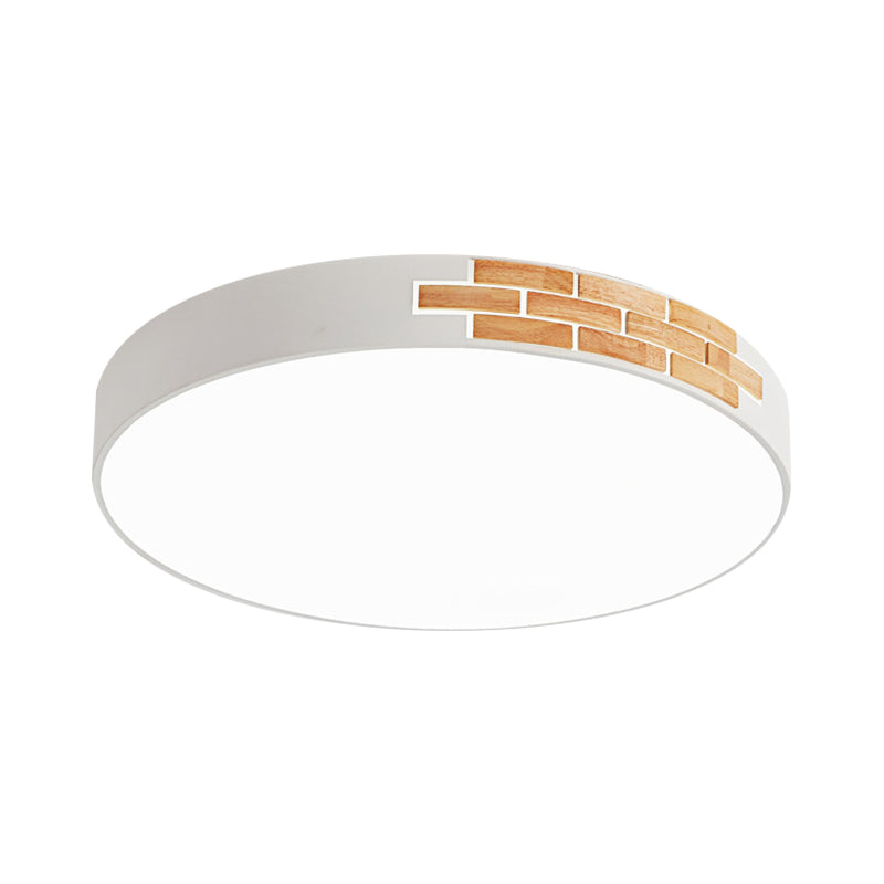 Plafonnier rond blanc et bois, luminaire LED minimaliste en métal, 16"/19.5"/23.5" de diamètre