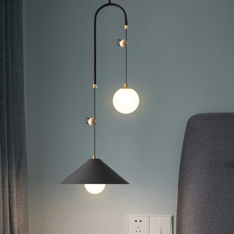 Orb Opal Glass Multi Light Pendant Modernism 2 Bulbs White/Black Pendulum Lamp with 1-Cone Iron Shade, 10"/14" Wide