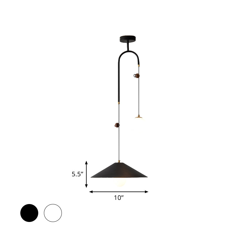 Orb Opal Glass Multi Light Pendant Modernism 2 Bulbs White/Black Pendulum Lamp with 1-Cone Iron Shade, 10"/14" Wide